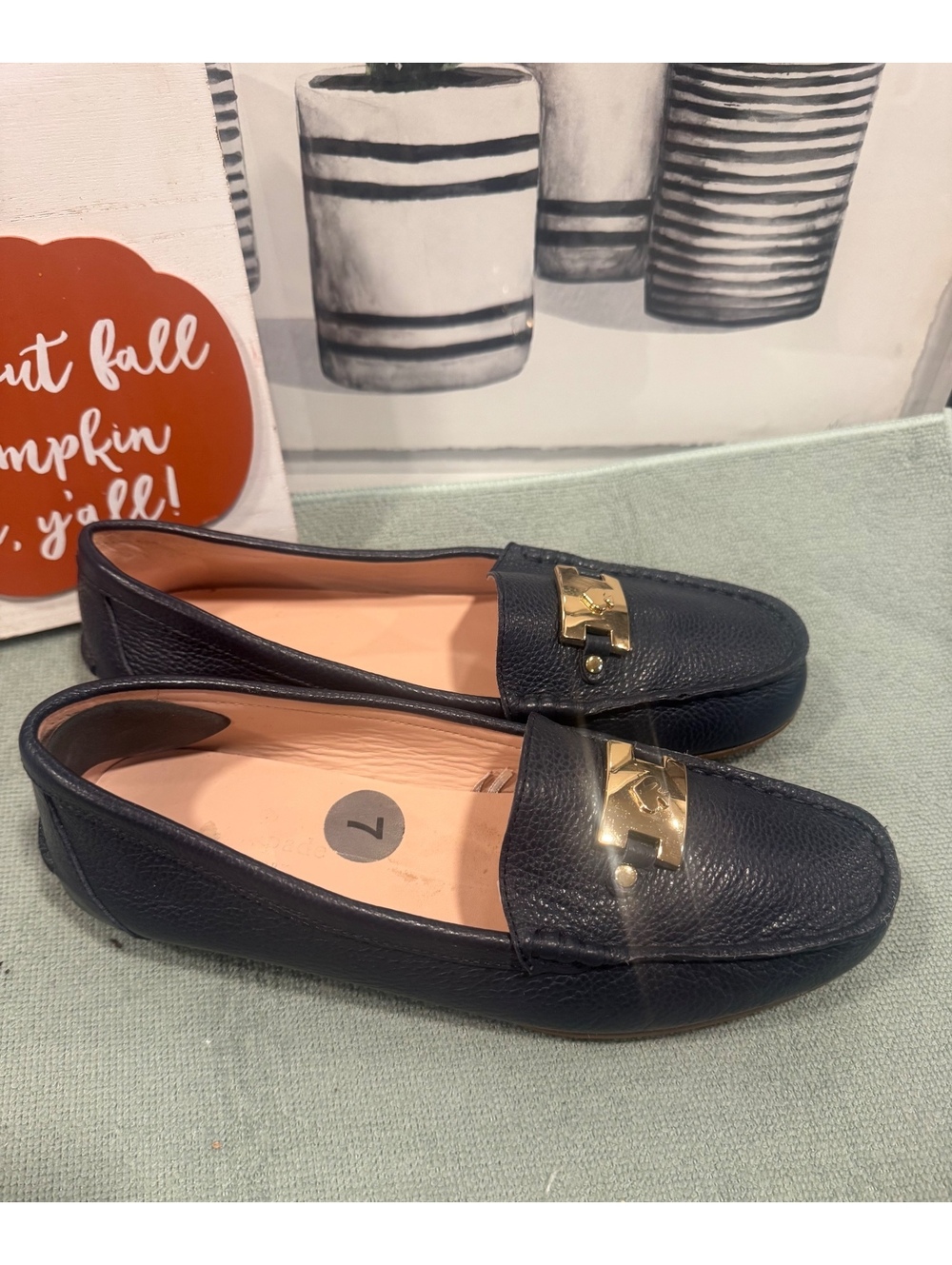 Kate Spade Carmen Driving Loafer with Gold Logo in Pebbled Navy Blue, Size 7